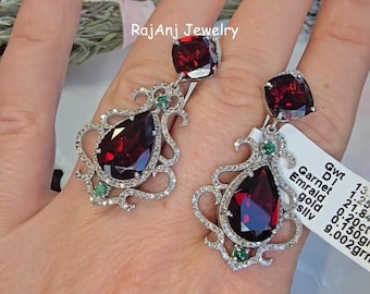 Örhänge med naturlig granat, örhänge med pavediamant, örhänge i 925 sterlingsilver, handgjort örhänge, örhänge med naturlig smaragd, hängande örhänge med granat
