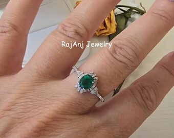 Dainty Emerald Band Ring, Emerald Gemstone Ring, Diamond Cluster Ring, Pave Diamond Ring, 925 Sterling Silver Ring, Natural Emerald Ring
