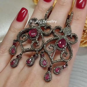 Natural Ruby Gemstone Dangle Earring, Pave Set Diamond, 925 Sterling Silver Handmade Earring