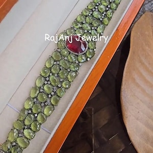 Naturlig rubin ädelsten Pave diamant, rosenskuren peridot armband, 925 sterlingsilver fina smycken, gåva