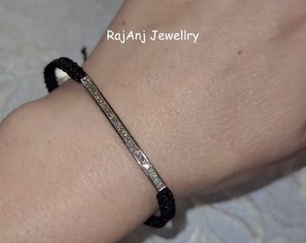 Natural Diamond Bracelets, Pave Set Diamond, 925 Sterling Silver Macrame Bracelet, Thread Jewelry