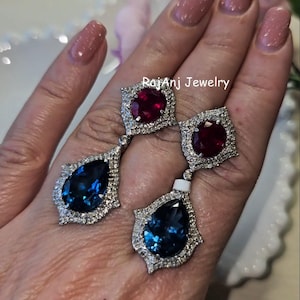 Ruby Gemstone Earring, London Blue Topaz Earring, 925 Sterling Silver Fine Earring, Pave Diamond Earring, Designer Dangle Drop Earring, Gift