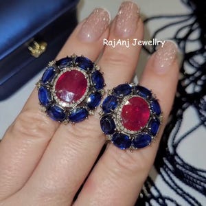 925 Sterling Silver Earrings, Natural Kyanite & Ruby Gemstone, Pave Set Diamond Floral  Studs Earring