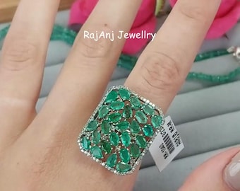 Natural Emerald Gemstone Ring, Pave Set Diamond, 925 Sterling Silver Cluster Victorian Band Ring