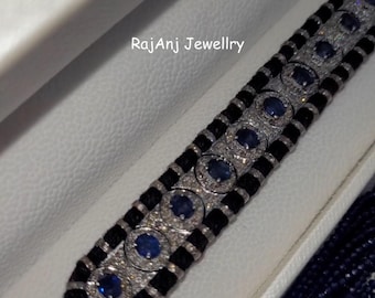 Blue Sapphire Gemstone Bracelet, Pave Set Diamond, 925 Sterling Silver Macrame Bracelet, Thread Jewelry