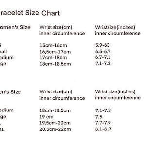 May include: A bracelet size chart with measurements in centimeters and inches. The chart includes sizes for women and men, with wrist sizes ranging from 15cm to 22cm (5.9 inches to 8.7 inches). The chart also provides size descriptions.