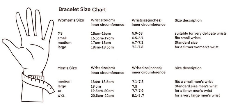 May include: A bracelet size chart with measurements in centimeters and inches. The chart includes sizes for women and men, with wrist sizes ranging from 15cm to 22cm (5.9 inches to 8.7 inches). The chart also provides size descriptions.