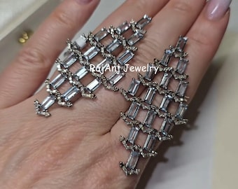 Handmade Baguette Aquamarine 925 Sterling Silver Pave Diamond Earrings