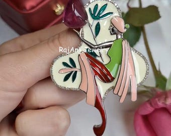 ヴィンテージ ルビー＆ムーンストーン 透かし彫り 花柄ブローチ兼ペンダント ルビーフラワーブローチ、パヴェダイヤモンド、スターリングシルバー