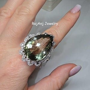 Green Amethyst Ring, Pave Diamond, 925 Sterling Silver, Handmade Cocktail Ring