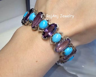 Sleeping Beauty Turquoise, Amethyst Gemstone Bracelet, Pave Diamond 925 Sterling Silver Bracelet Fine Jewelry