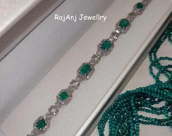 Natural Emerald Gemstone, Pave Set Diamond Bracelet, 925 Sterling Silver, Handmade Tennis Bracelet