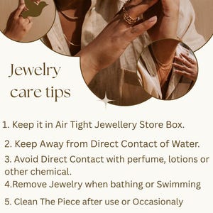 May include: Image with text "Jewelry care tips" and tips for jewelry care. The image shows gold jewelry, including rings and necklaces. The tips include keeping jewelry in an airtight box and avoiding contact with water.