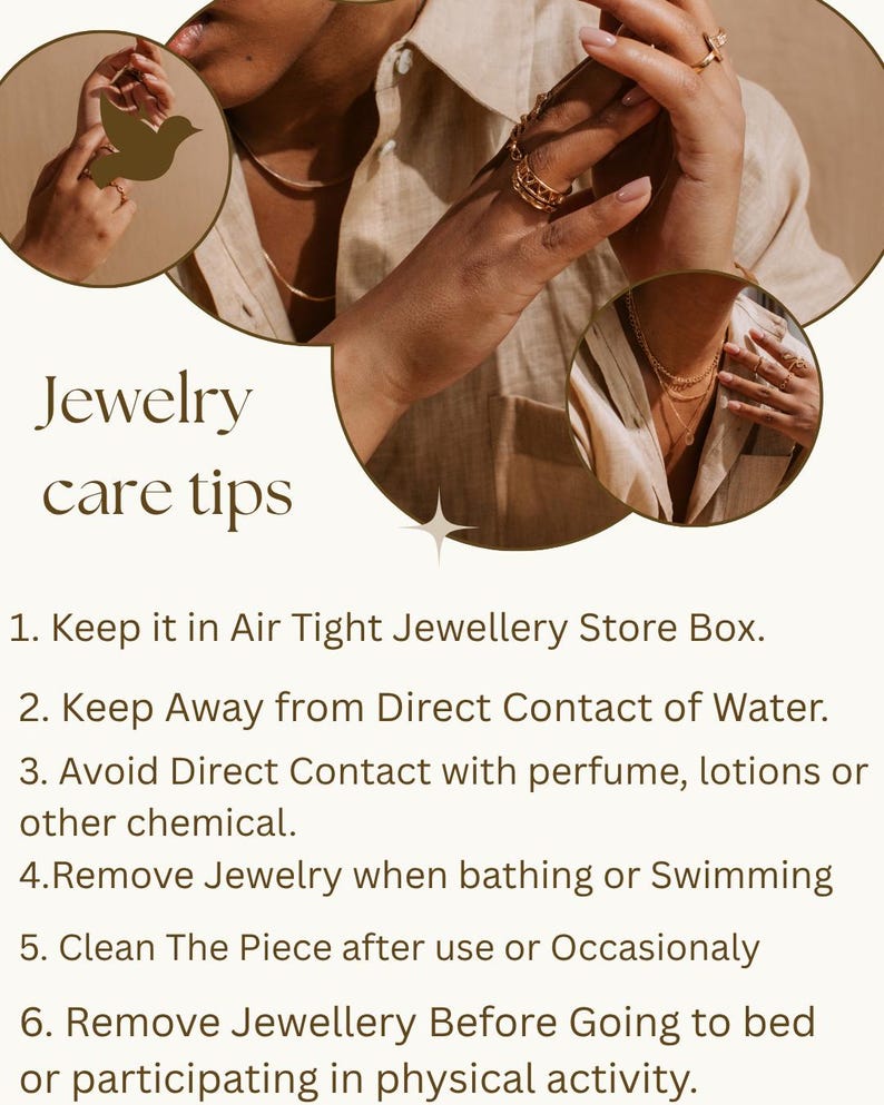 May include: Image with text "Jewelry care tips" and tips for jewelry care. The image shows gold jewelry, including rings and necklaces. The tips include keeping jewelry in an airtight box and avoiding contact with water.