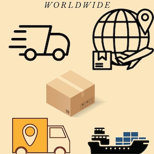May include: An image with the text "RAJANJ_JEWELRY FREE SHIPPING WORLDWIDE" above a series of shipping-related icons. The icons include a delivery truck, a globe with a package and airplane, a cardboard box, a delivery truck with a location pin, and a cargo ship.