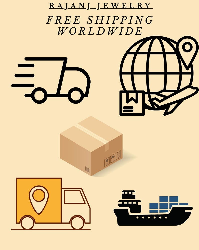 May include: An image with the text "RAJANJ_JEWELRY FREE SHIPPING WORLDWIDE" above a series of shipping-related icons. The icons include a delivery truck, a globe with a package and airplane, a cardboard box, a delivery truck with a location pin, and a cargo ship.