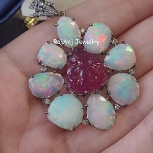 Carved Ruby & Rosecut Slice Opal Gemstone, Pave Set Diamond, 925 Sterling Silver Pendant Jewelry
