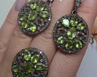 Peridot Cluster Dangle Earring Ring Set, 925 Sterling Silver Pave Set Diamond Fine Jewelry