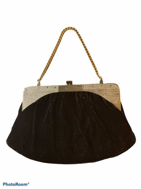 Vintage Black velvet evening clutch with gold chai