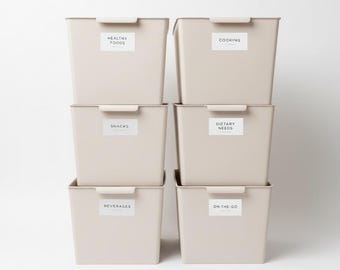 Beige Pantry Bins with Labels, Kitchen Organization, 6-Pack