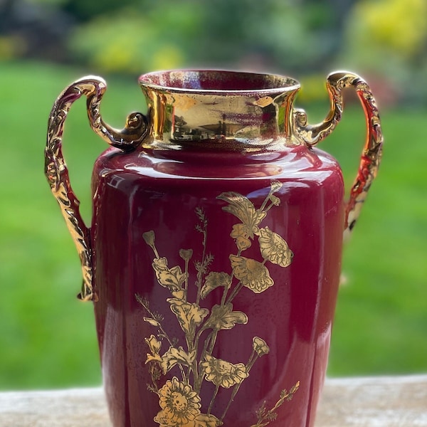 Deep Red and Gold Trophy Style Floral Vase