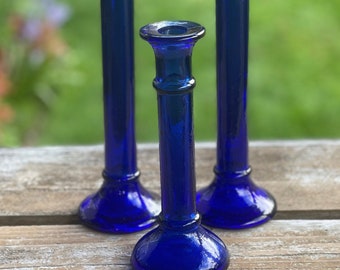 Trio of Cobalt Blue Glass Candle Holders, Taper Holder Trio