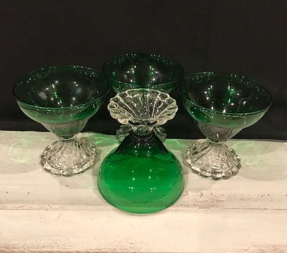 Vintage Emerald Green Parfait Glasses with Boopie Detailed Base Vintage Emerald Green Parfait Glasses with Boopie Detailed Base