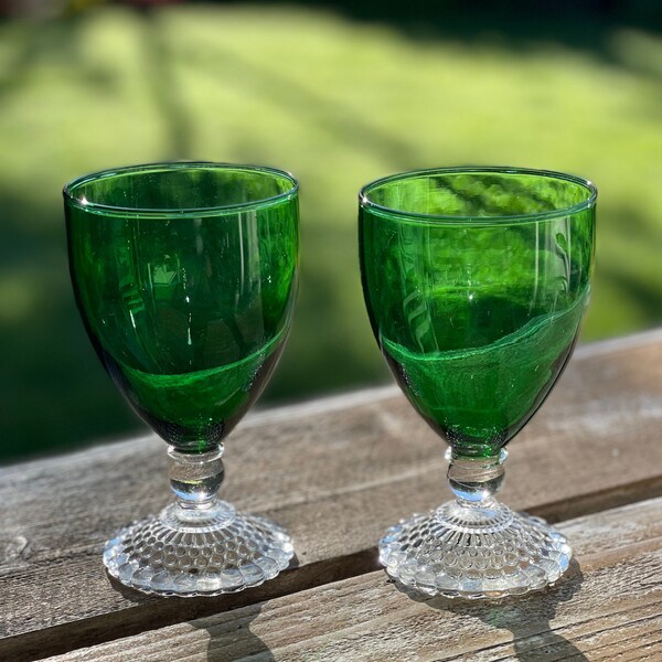 Green Boopie Glass Goblets, Sets of 2 Vintage 1950s Anchor Hocking Emerald Green Boopie / Berwick / Burple Tall Goblets, 8 oz