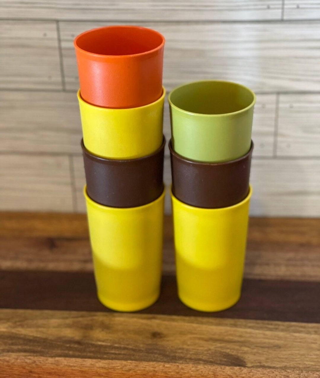 Vintage Tupperware Plastic Cups Stack in Yellow, Orange, Brown and