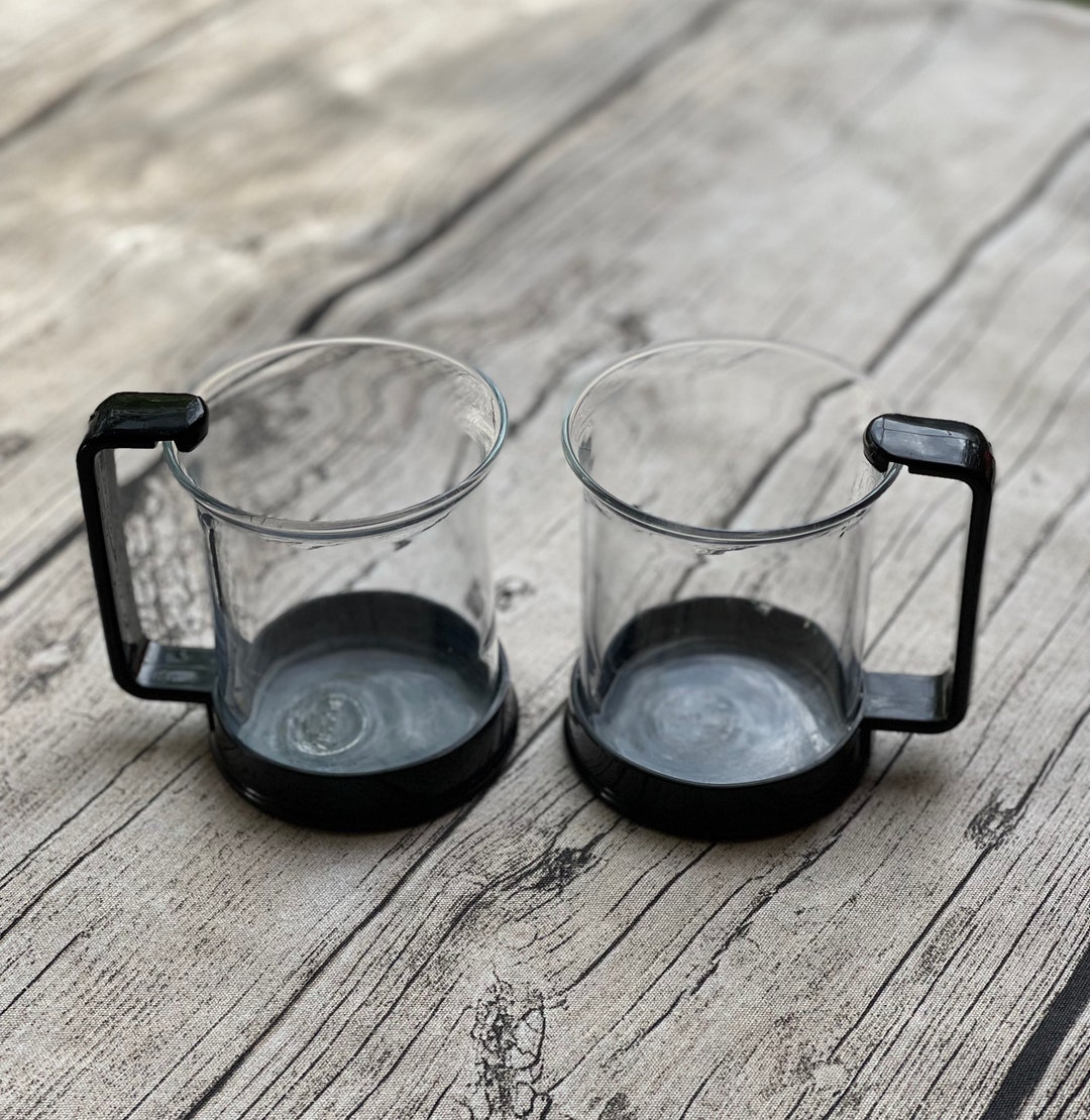 2 Bodum BISTRO Coffee Cups With Black or Dark Green Handles / Vintage Mid Century Danish Design