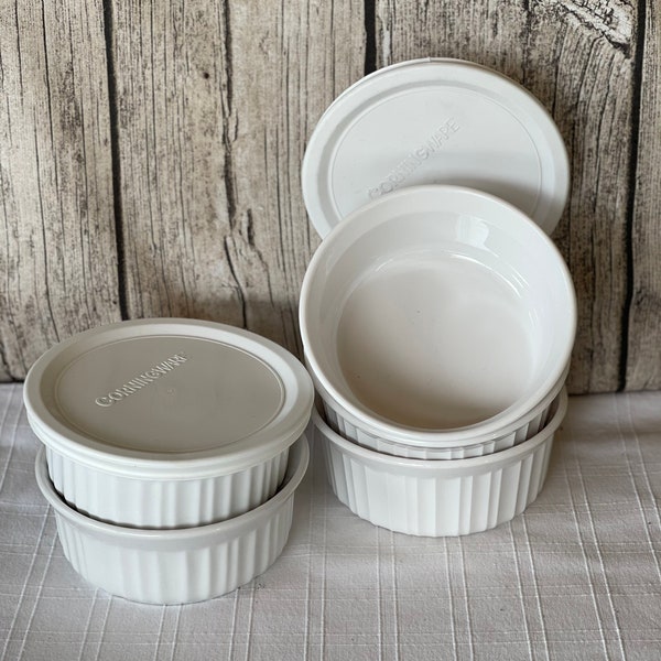 4 Corning Ware Ribbed Ramekins/ Round Casserole,  French White, With  or Without Plastic  Lid, CHOICE