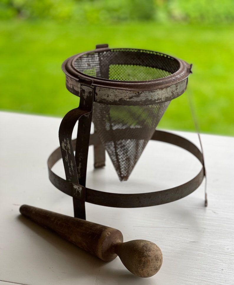 Tin Cone Sieve With Wooden Pestle and Tripod Stand Apple Etsy