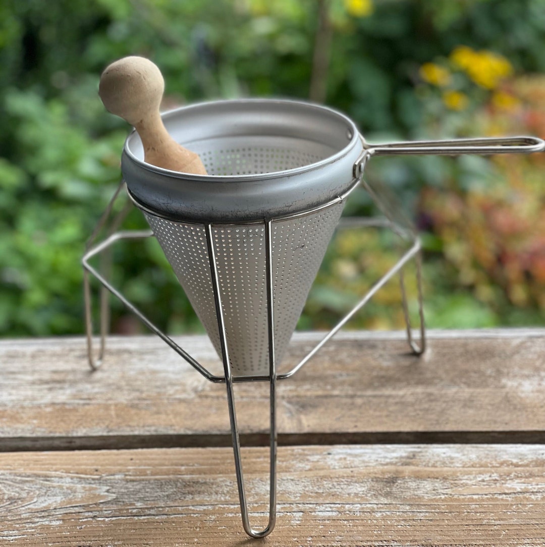 Vintage Strainer Cone Sieve Wood Pestle Tripod Stand Canning Etsy