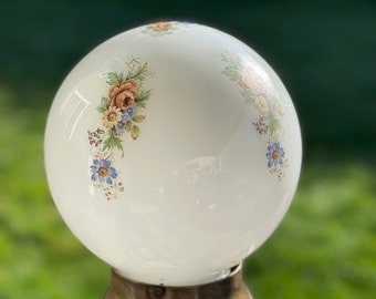 Flush Mount Glass Globe and Brass Ceiling Light, Floral and White Glass