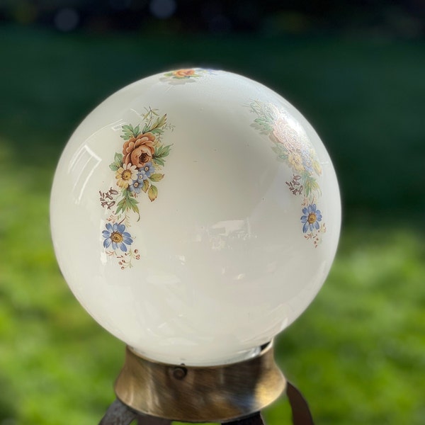 Flush Mount Glass Globe and Brass Ceiling Light, Floral and White Glass