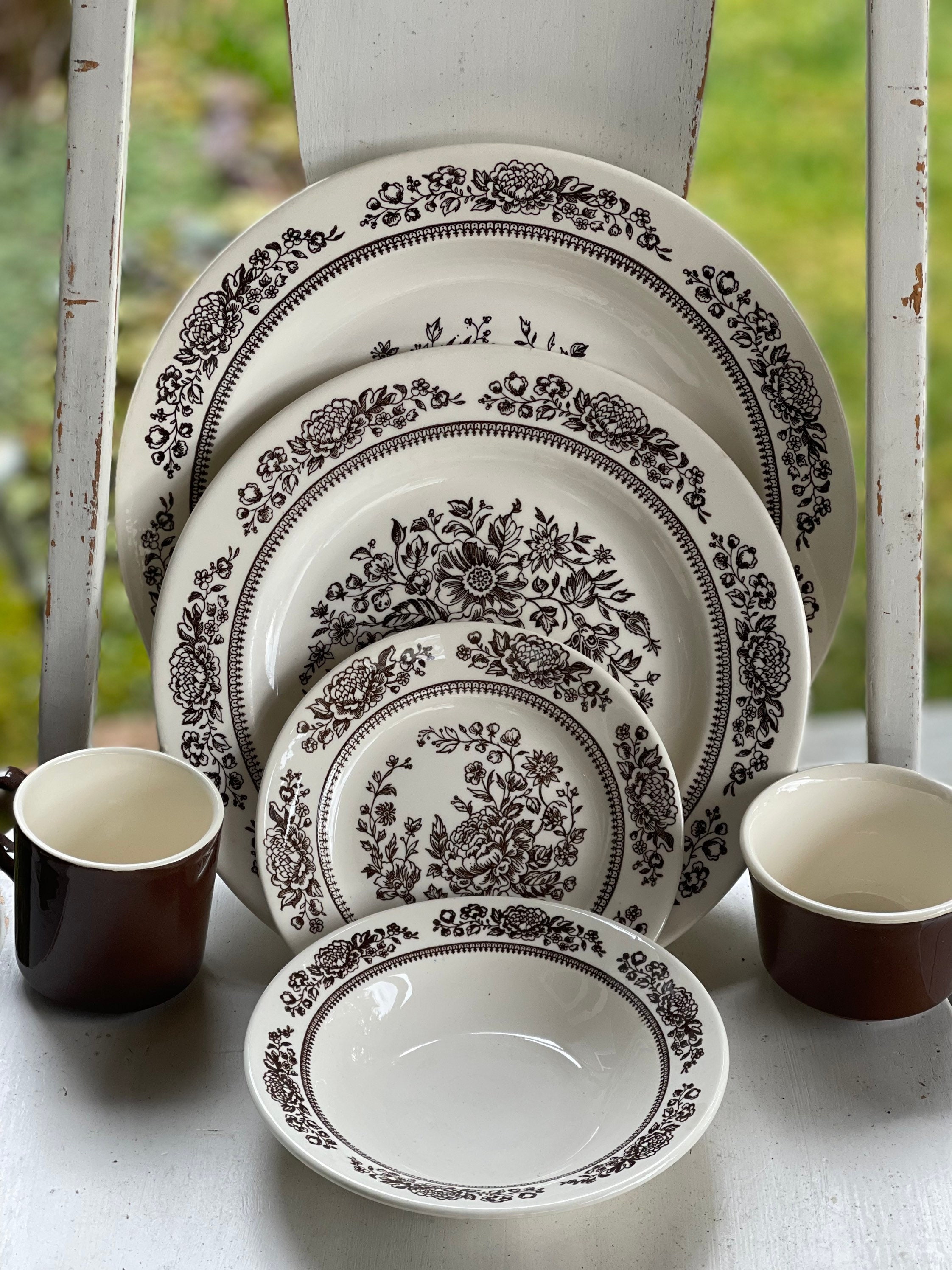 Vintage Brown Stoneware Dinnerware Sets Brown And White Dishes - Main Image