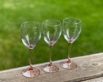 Pink Stemmed Wine Glass, Blown Glass Goblet, Pink Stemware, Made in France, Arcoroc, Set of 3