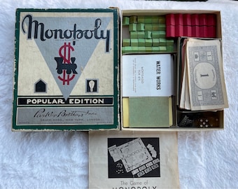 Antique Monopoly Game, Popular Edition, Green Box, Vintage Monopoly 1935-1936 Copyright Parker Brothers, No Board