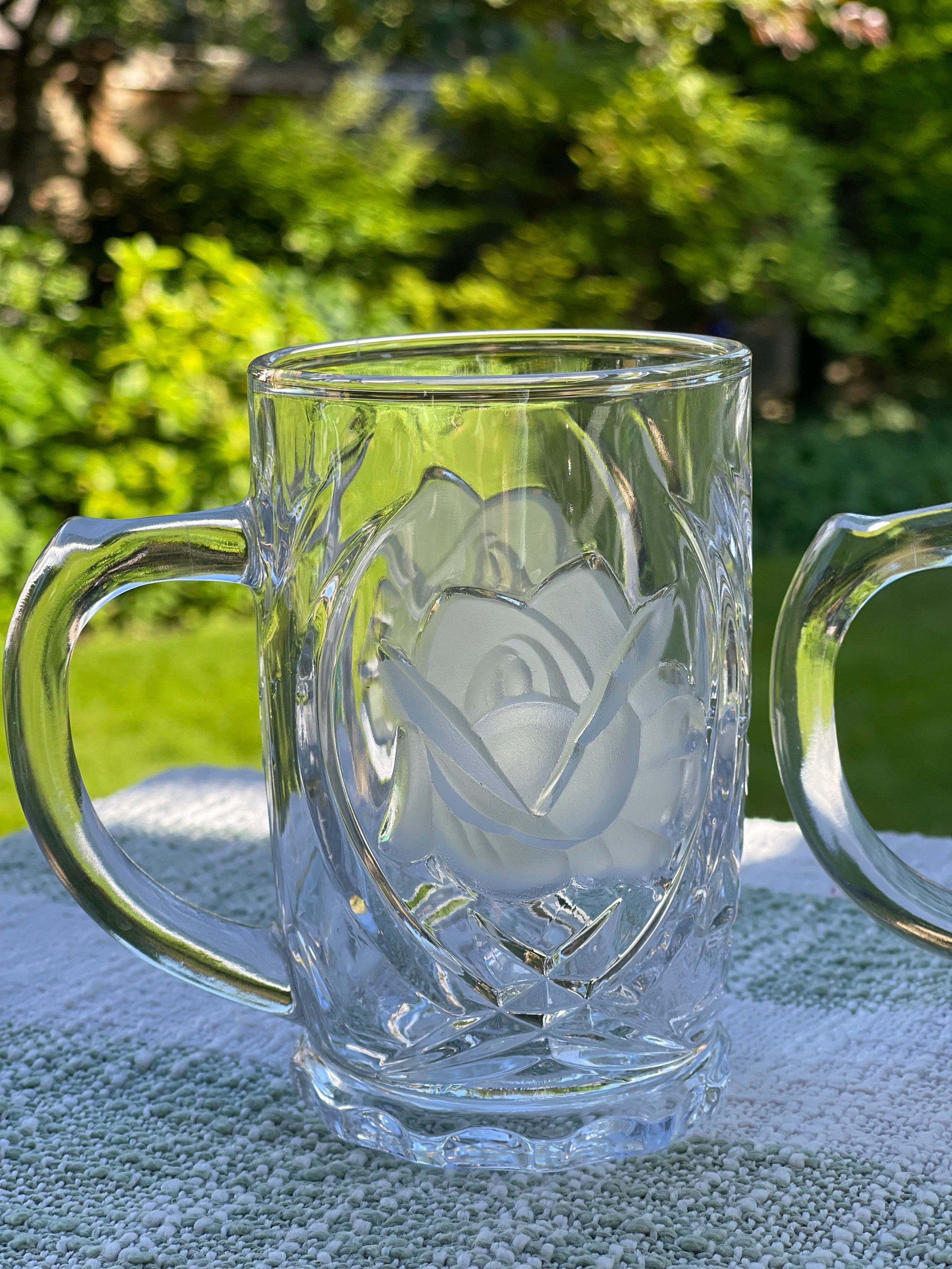 Mikasa Crystal Mugs, frosted glass Roses, 4 Crystal Mugs, Rose Pearls  pattern crystal, gift for her, Valentines gift, Mikasa coffee mugs