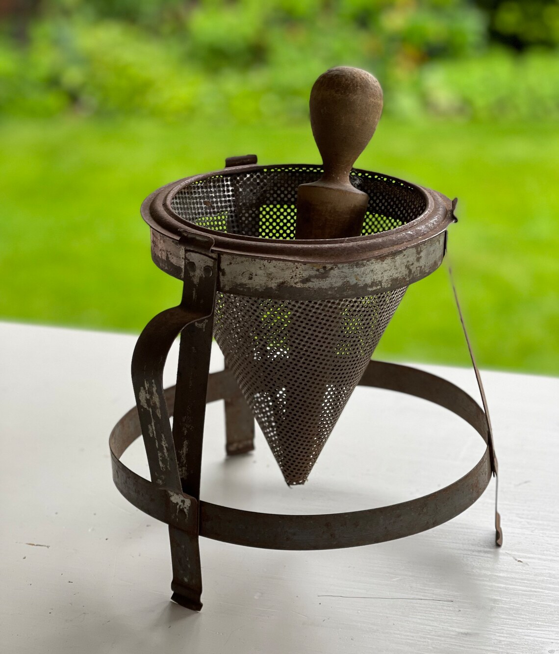 Tin Cone Sieve With Wooden Pestle and Tripod Stand Apple Etsy