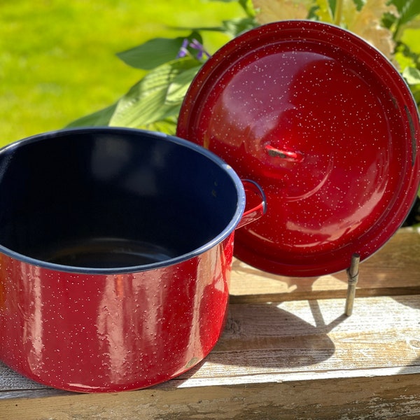 Vintage Red Graniteware Enamel Canner and Lid, Red with White Speckles Exteriorly & Navy Blue Interior