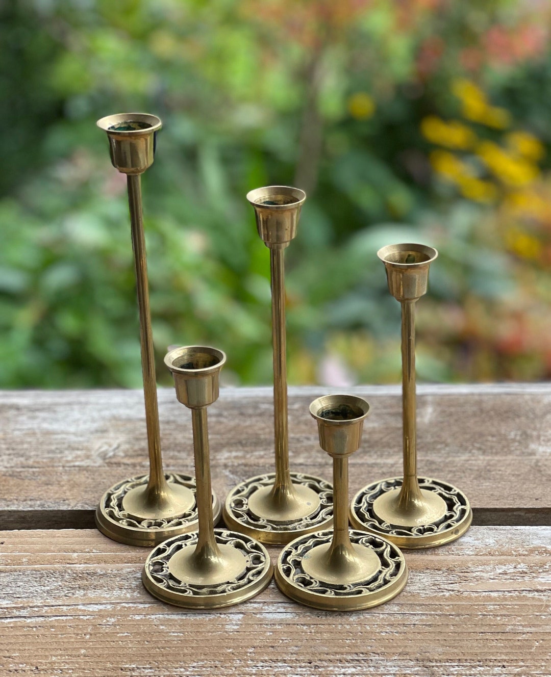 Set of Brass Candle Stick Holders Set of 5 Garden Girl Etsy