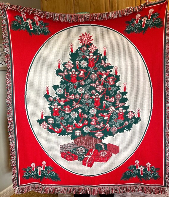 Vintage Woven Reversible Christmas Blanket Christmas Tapestry Throw Blanket Made in USA Christmas Tree Motif Etsy Canada