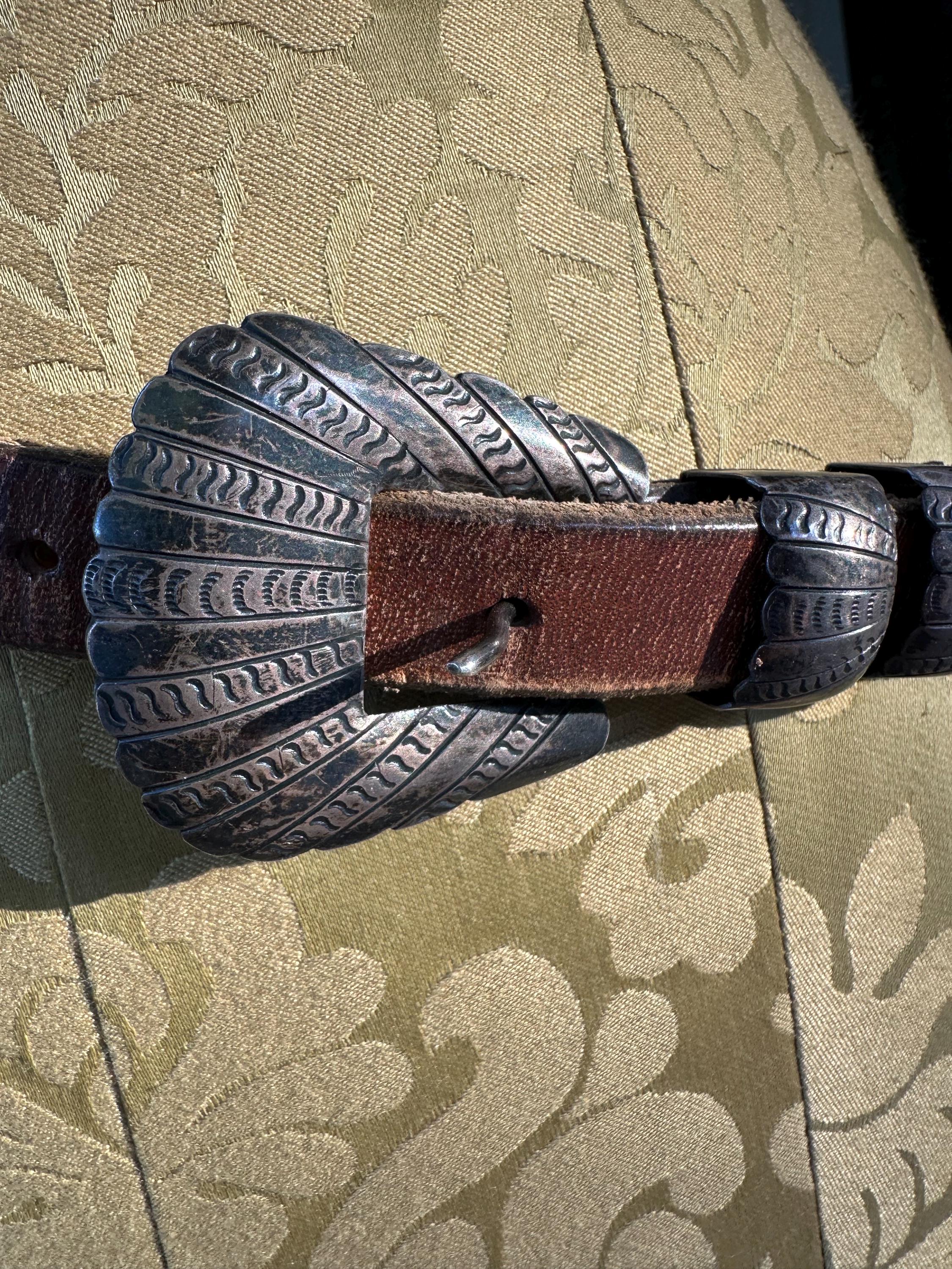 Vintage Sterling Silver Buckle Leather Belt - 31