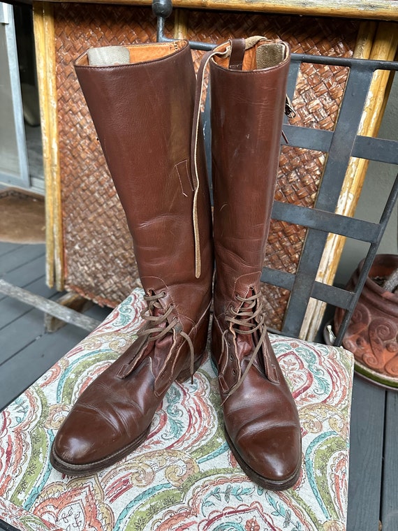 70s Black Leather Lace Up Knee High Boots