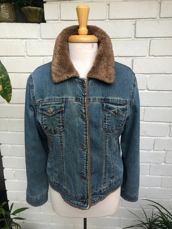 Blue faux fur collar padded denim jacket 2025