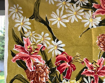 Outstanding Colors on 40s Retro Handprinted Tropical Floral and Fauna satin twill
