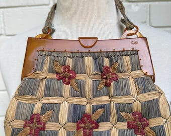 True Antique 20s Tropical Squares Pattern Straw Handbag w Celluloid Handle, Printed Floral Cotton Lining
