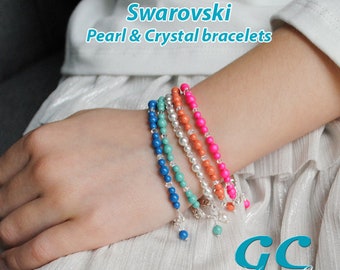 Custom Swarovski Crystal Pearl Bracelet in 33 Colors for Newborn, Baby, Girl, Teen, Adult