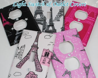 Paris Theme Light Switch and Outlet Covers - 6 Patterns in Black, Hot Pink, Light Pink, Grey, White - Rocker, Toggle, Duplex, Plug